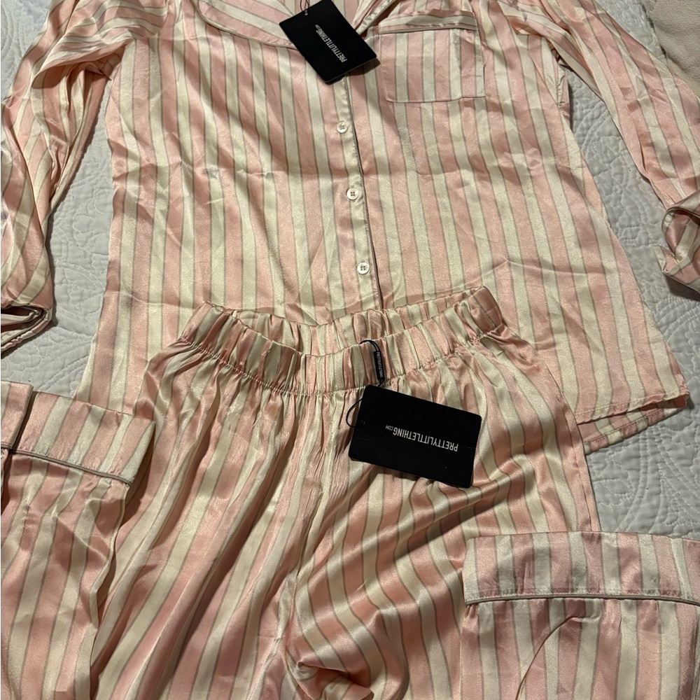 PrettyLittleThing Pink and Cream Striped Womens Satin Pajama Set
